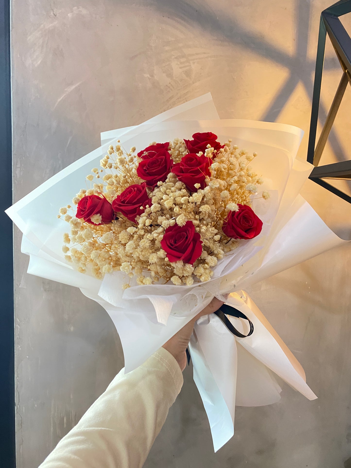 Preserved Baby Breath + Roses with White Wrapping Bouquet- M size