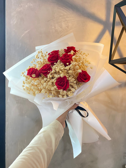 Preserved Baby Breath + Roses with White Wrapping Bouquet- M size